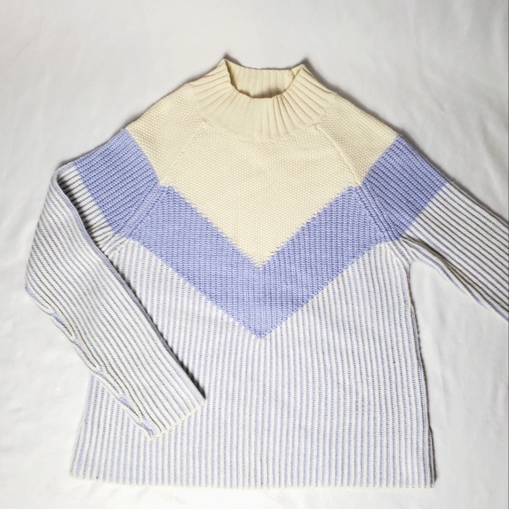 Anthropologie Rue and Willow Cream, Periwinkle Striped Mockneck Cashmere Sweater - Picture 7 of 10